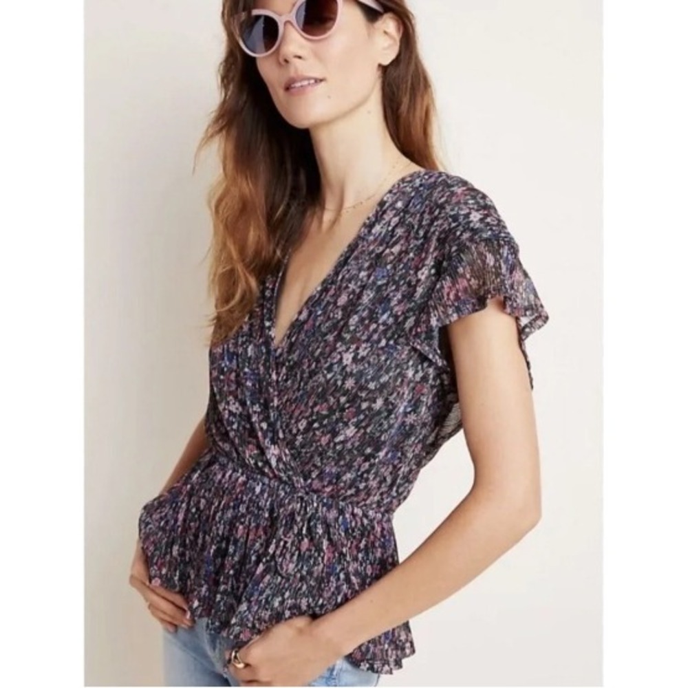 Anthropologie Dionne Metallic Floral Peplum Wrap Top Romantic Flutter Sleeve S